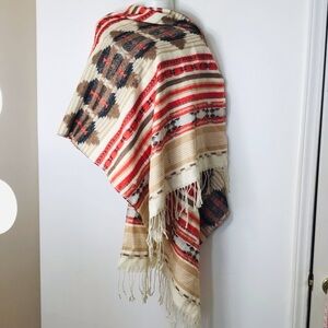 Boho Striped Fringe Wrap Scarf in Cream, Red & Brown Pendleton style